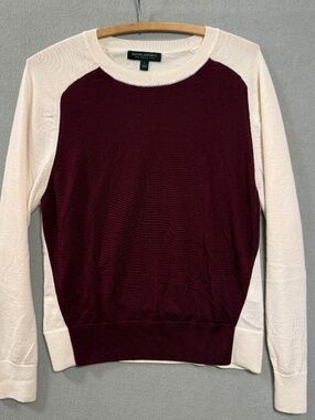 Banana Republic 100% Merino Wool Sweater Burgundy Cream Raglan Crewneck Women L